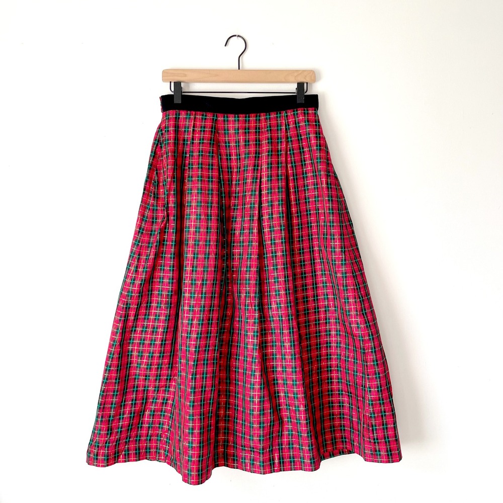 Vintage Plaid Maxi Skirt Red Green Gold Metallic Velvet Waist Holiday Festive M